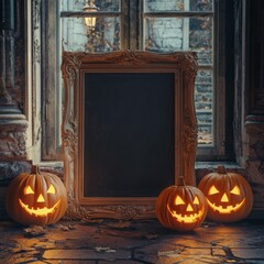 Obraz premium A delightful Halloween display featuring glowing carved pumpkins alongside an ornate empty frame set against a backdrop of charming windows, ideal for fall and autumn-themed decor.