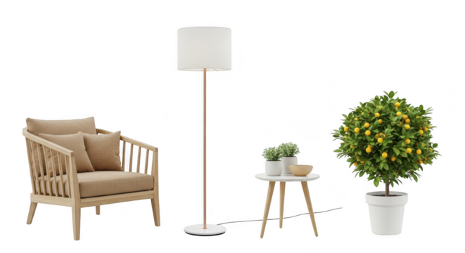 A modern armchair, floor lamp, side table with plants, and a citrus tree arranged against a transparent background