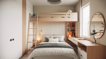 Modern bedroom design with loft bed desk and storage solutions for small space interior decor