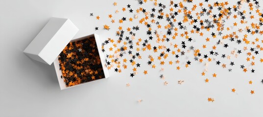 Halloween Gift Box with Star Confetti on White Background for Packaging Design