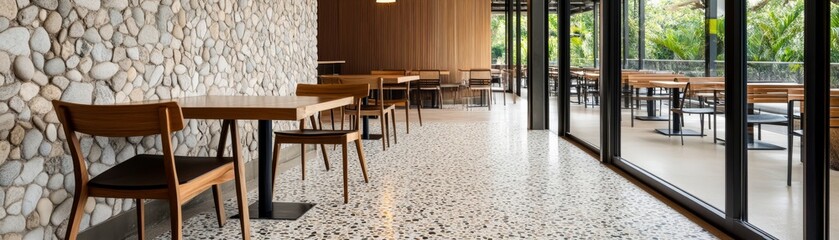 Fototapeta premium Modern Restaurant Interior with Stone Wall and Terrazzo Floor, Architecture, Design