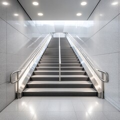 Modern Stairway Ascend Gray Textured Walls, Steel Handrails, Lighting Concept , Architecture, Interior