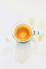 A high-angle watercolor painting of tea, featuring delicate translucent washes and fluid brushstrokes, creating a sense of looking down from an elevated perspective