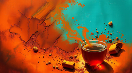 A painting of tea in warm terracotta and cool teal hues, bathed in strong, hard light, creating dramatic earthy and cool contrasts with harsh shadows
