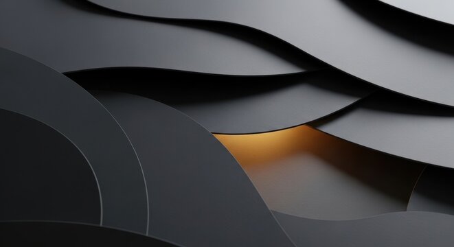 Abstract dark gray wavy panels with a warm golden light glowing within