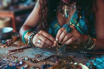 Woman artisan meticulously crafting jewelry, combining colorful beads in a traditional workshop setting