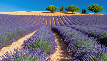Rows of blooming lavender stretch across a field under a clear blue sky, with trees dotting the horizon.
