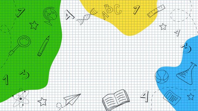 Set with cute school stationery. Back to school loop animation with copy space. Hand drawn school supplies. White sheet in a cell with space for text.