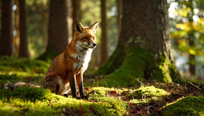Red fox in a sunlit forest