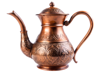 An ornate antique copper teapot with intricate traditional engravings, isolated on a clean transparent background