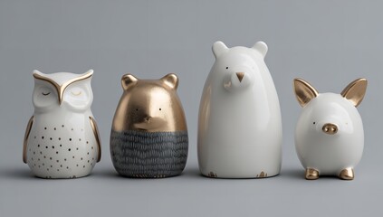 Set of Four Ceramic Animal Figurines with White and Gold Accents &ndash; Owl, Bear, Pig, and Bird 3D Render on White Background