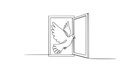 Outline illustration of a dove flying from an open door, peace day concept  