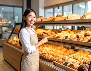 Asian woman baker pointing at pastries