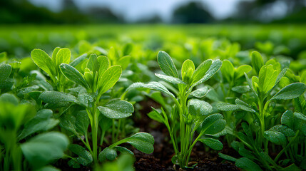 Young alfalfa sprouts thrive in a vibrant spring farm field showcasing lush greenery and healthy growth for agricultural use.