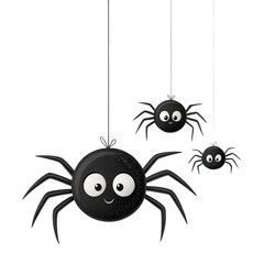 Three cute spiders hanging on strings transparent background