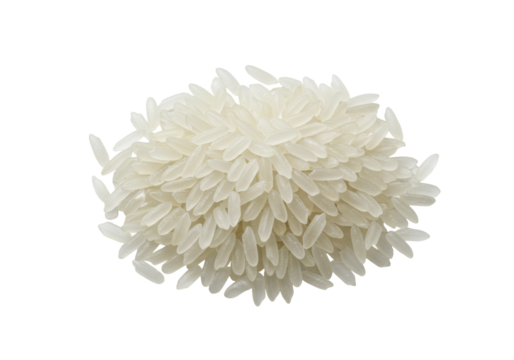 A distinct pile of transparent parboiled long-grain rice, perfectly formed and uniform, centered on a transparent isolated background with even, diffuse lighting, shot with a macro lens. Concept