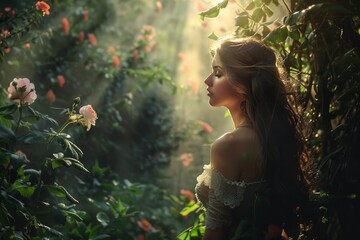 Model posing in a beautiful rose garden with sunlight filtering through the leaves