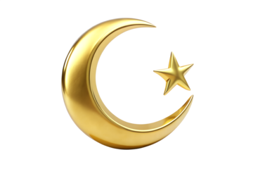 A golden crescent moon with a star, a symbol of islam, isolated on a transparent background
