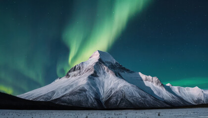 Majestic snow-covered mountain peak illuminated by vibrant aurora borealis display.