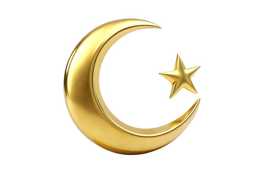 A golden crescent moon with a star, a symbol of islam, isolated on a transparent background - Powered by Adobe