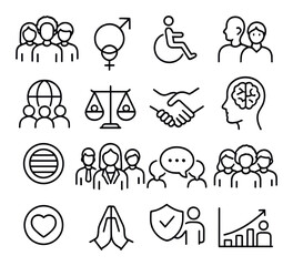 Diverse business icon collection. simple linear icons: team, gender, wheelchair, globe, scale, handshake, brainstorm,