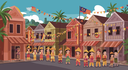  A street scene depicting children in traditional attire, parading under Malaysia flags. 