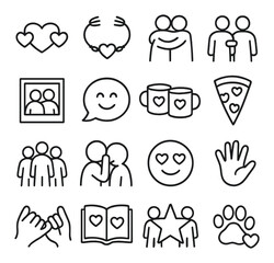Friendship icon collection: simple linear style. heart, hug, family, smile, coffee, pizza, book icons.