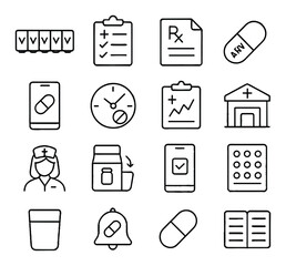 Medical icon collection. simple linear health symbols: capsule, nurse, hospital, prescription, and more