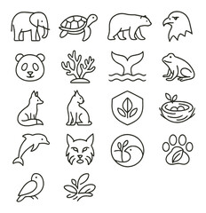 Wildlife animal icon collection. minimalist linear icons. elephant, turtle, whale, eagle, panda