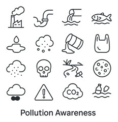 Pollution awareness icon collection: environmental hazard simple icons. skull, waste, co2, bag, fish