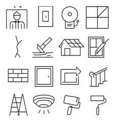 Fototapeta premium Building maintenance icon collection: simple linear tools, ladder, alarm, paint, window, house