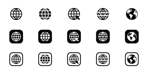 Set of Internet and Globe Icons in Black and White Squares Vector Format