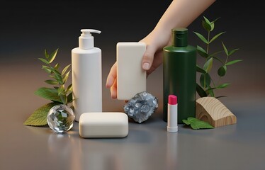 A hand picks up a bar of soap among beauty products and natural elements
