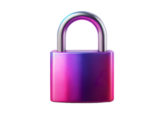 A modern, shiny padlock with a purple and pink gradient, symbolizing security and protection, isolated on white isolated on transparent background