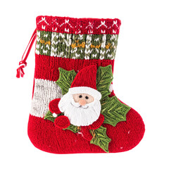 Colorful Christmas stocking with Santa Claus decoration, festive holiday ornament, knitted fabric, red green white design, with drawst closure