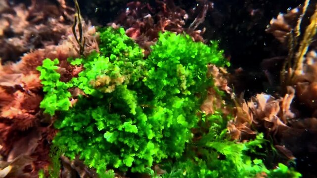Green algae Cladophora on rocks in an underwater landscape near the shore in the Black Sea