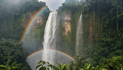 Majestic waterfall cascading down rocky cliffs, framed by lush rainforest and a double rainbow.