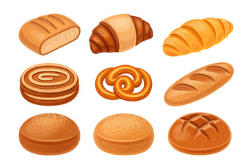 Assorted Brown and Gold Bakery Items Including Breads Rolls and Pretzels isolated on a transparent background