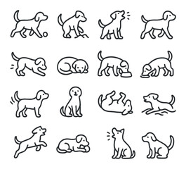 Dog activity icon collection: minimalistic linear dogs, play, walk, sleep, eat, pet
