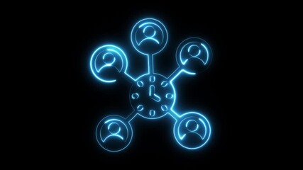 Glowing blue neon network of people icons connected to a central clock symbol representing time management team - Powered by Adobe