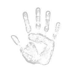 Detailed high contrast monochrome handprint of human palm and fingers with visible fingerprints and textured skin on white background
