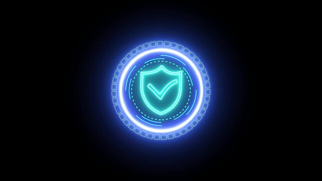 Futuristic user interface with digital concentric circles and glowing shield icon with checkmark symbol, representing cyber security, data protection, and advanced digital technology black background.