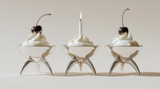 elegant silver dessert cups with creamy toppings and minimal styling