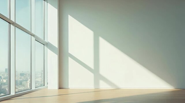This is an empty modern office space with white walls, large windows that let in sunlight, and a cityscape view. The room has a minimalist design with clean lines and uncluttered surfaces.