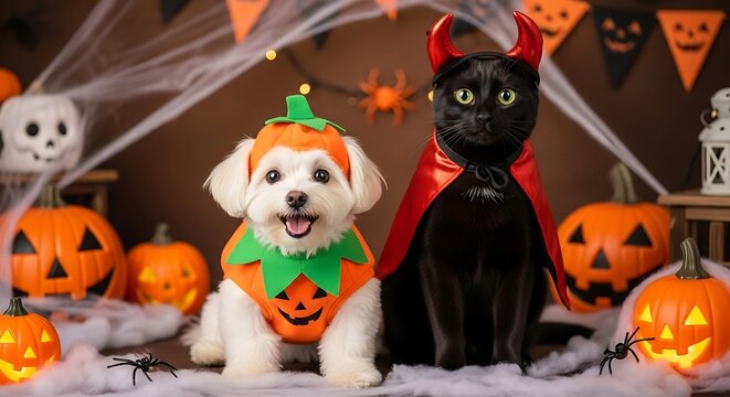 Halloween dog and cat costumes cute pets in pumpkin and devil outfits