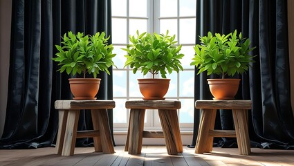 Fototapeta premium Three potted green plants sit on rustic wooden stools in front of a window with dark curtains