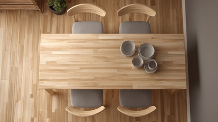 Minimalist Wooden Dining Table with Ceramic Dishes - Top View