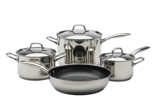 New, highly reflective stainless steel kitchenware set including pot, pan, and saucepan with lids, meticulously arranged on a transparent background with copy space under bright, shadowless studio