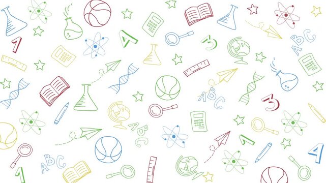 Doodles education. Hand drawn pattern background back to school with icon symbols. Animated colored icons on white. Loop motion graphic.