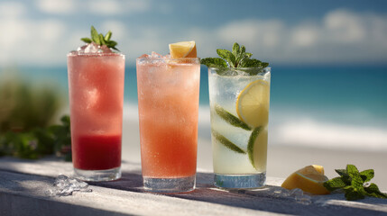 Fototapeta premium capture vibrant image of refreshing cocktails and lemonades adorned with bright fruits and ice set against